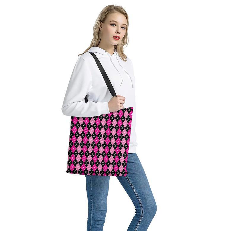 Deep Pink And Black Argyle Pattern Print Tote Bag