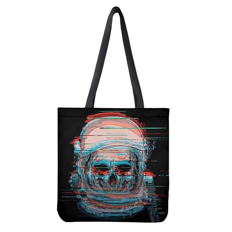 Digital Glitch Astronaut Skull Print Tote Bag