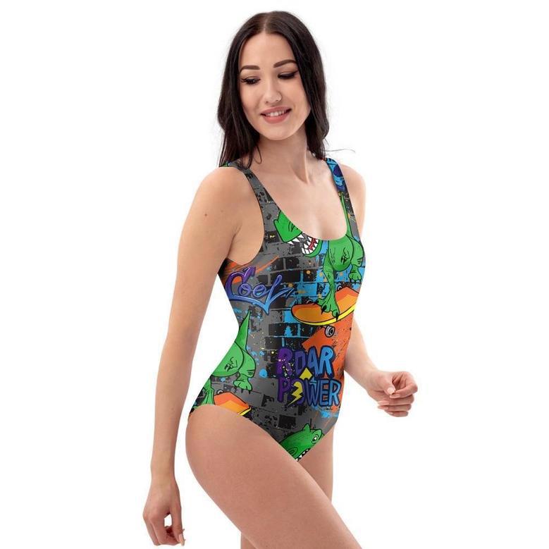 Dinosaur T-Rex Graffiti Print One Piece Swimsuite