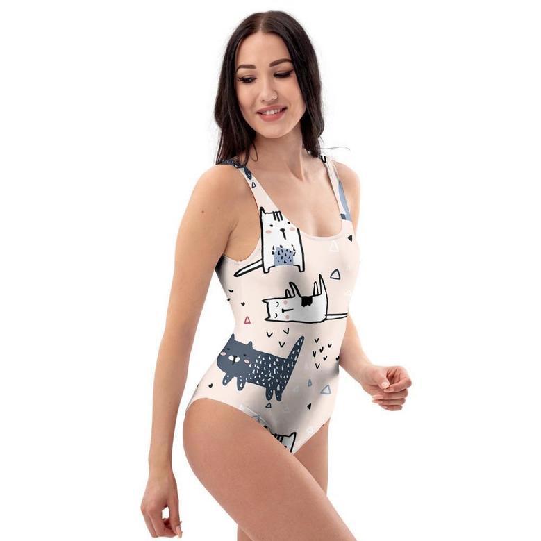 Doodle Cat Print One Piece Swimsuite