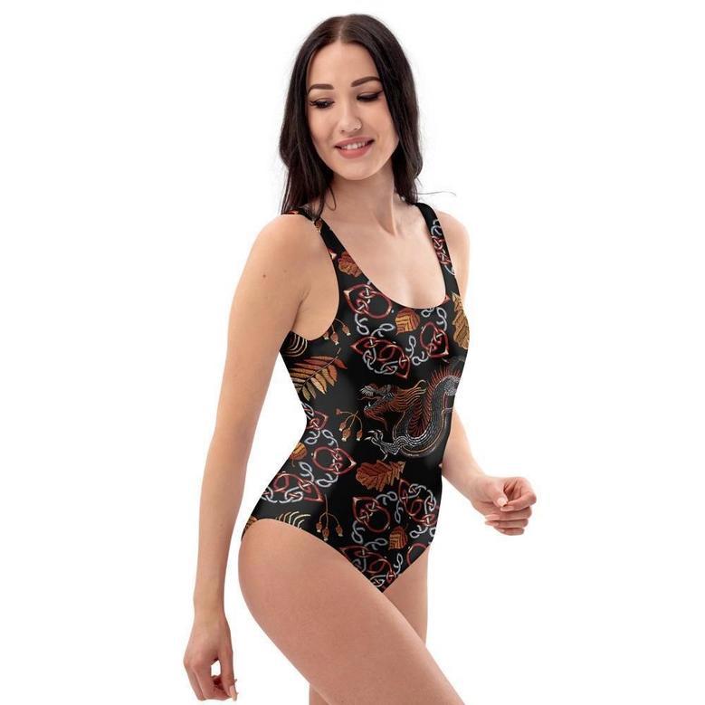 Embroidery Japanese Dragon Print One Piece Swimsuite