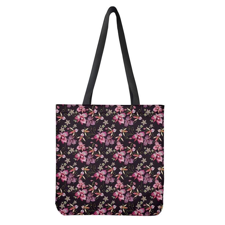 Embroidery Orchid Flower Pattern Print Tote Bag