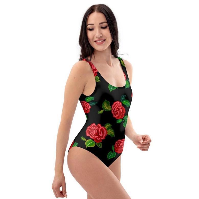 Embroidery Red Rose Floral Print One Piece Swimsuite