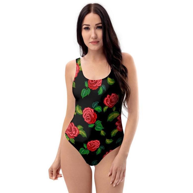 Embroidery Red Rose Floral Print One Piece Swimsuite