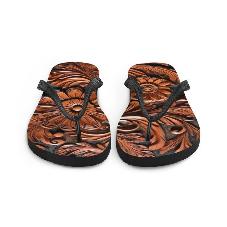 Faux Brown Leather Scrolled Design -Brown Flip-Flops