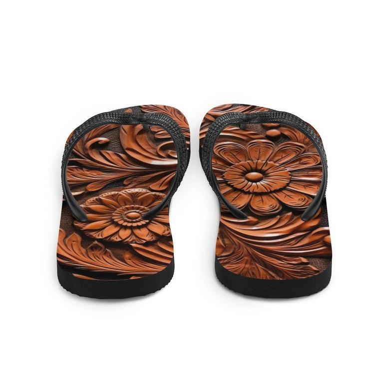 Faux Brown Leather Scrolled Design -Brown Flip-Flops