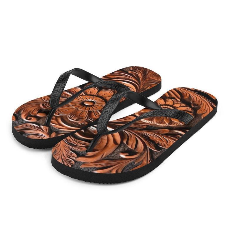 Faux Brown Leather Scrolled Design -Brown Flip-Flops