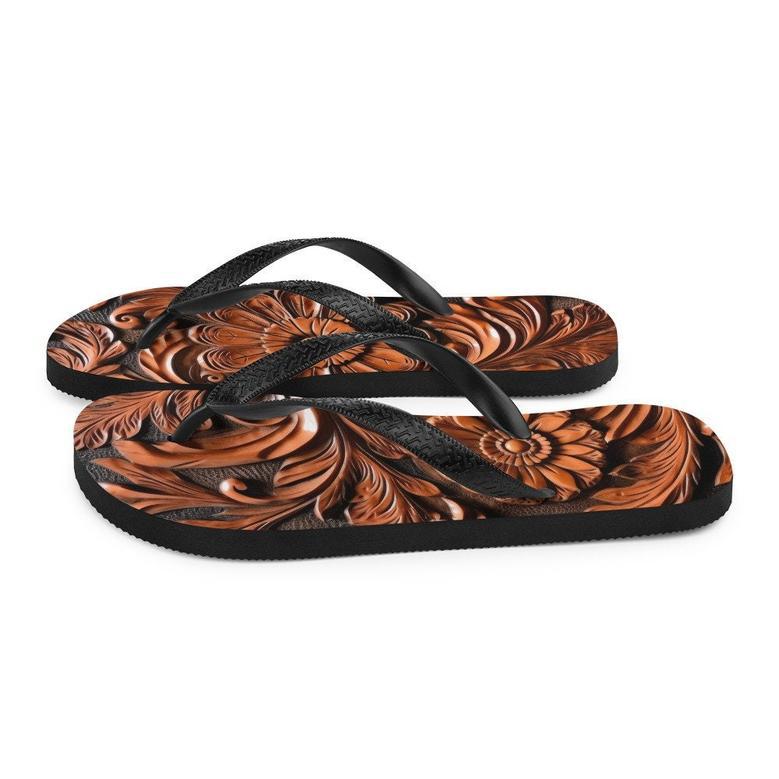 Faux Brown Leather Scrolled Design -Brown Flip-Flops