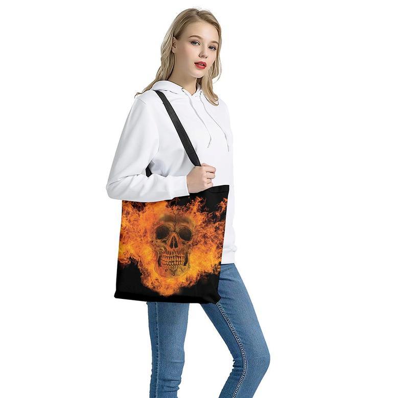 Fire Skull Print Tote Bag