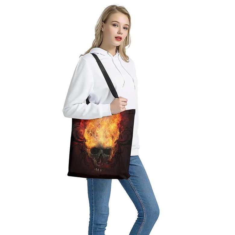 Flaming Demon Skull Print Tote Bag