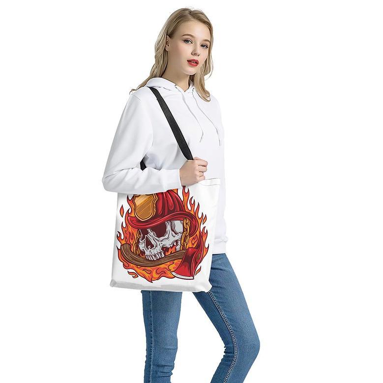 Flaming Firefighter Skull Print Tote Bag