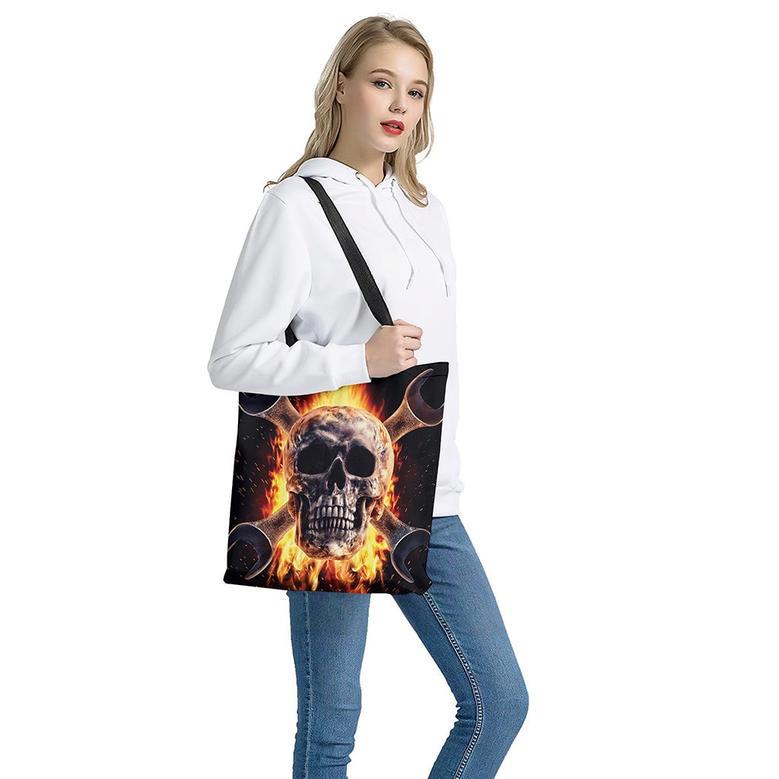 Flaming Skull And Cross Wrench Print Tote Bag