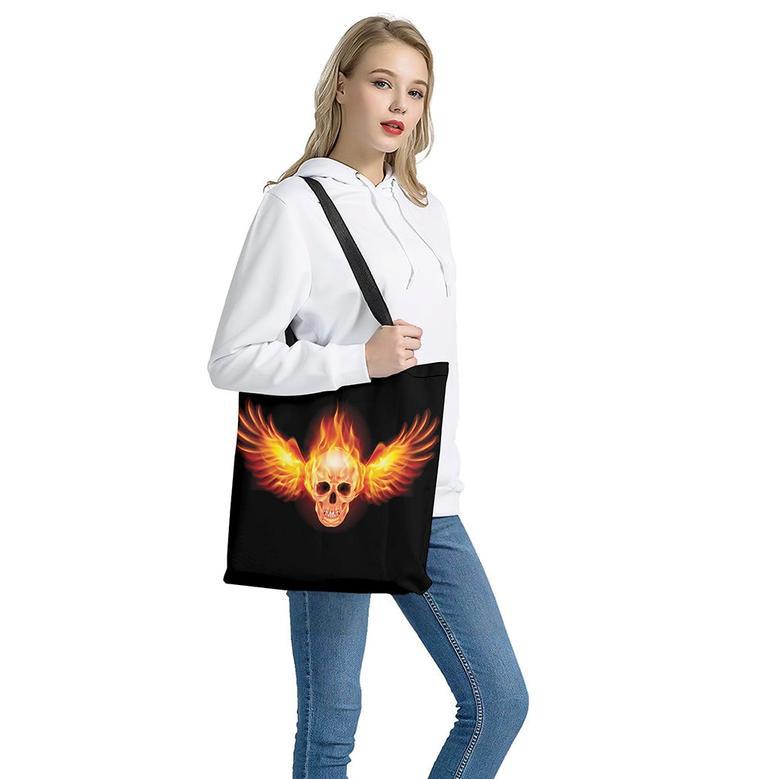 Flaming Skull With Fire Wings Print Tote Bag