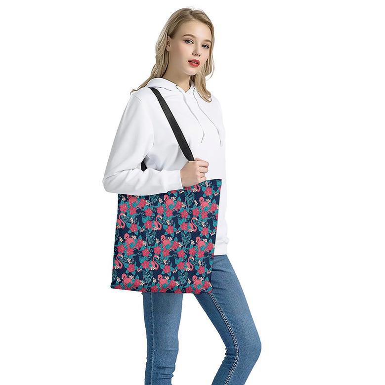 Flamingo And Hawaiian Floral Print Tote Bag