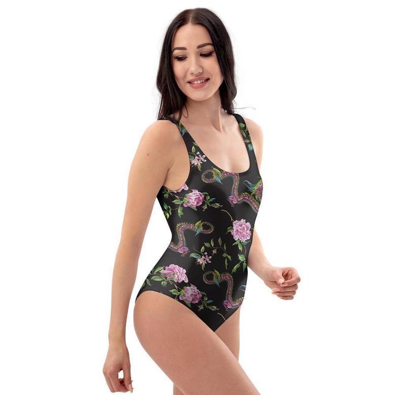 Floral Janpanese Dragon Print One Piece Swimsuite