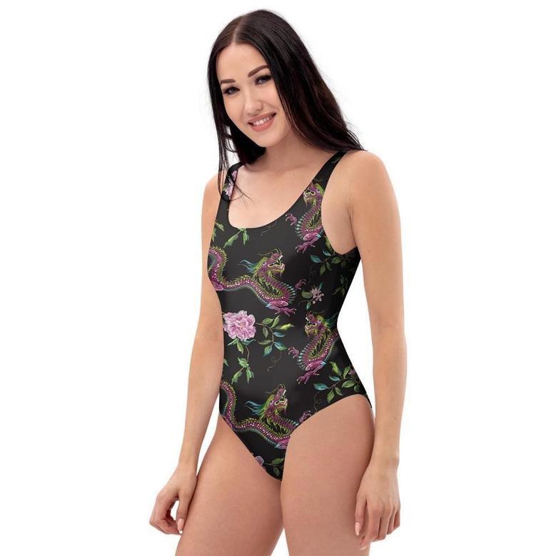 Floral Janpanese Dragon Print One Piece Swimsuite