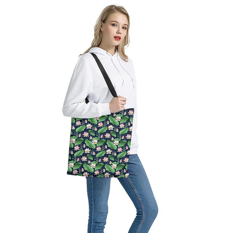 Flower And Leaf Lotus Pattern Print Tote Bag