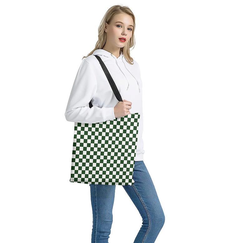 Forest Green And White Checkered Print Tote Bag