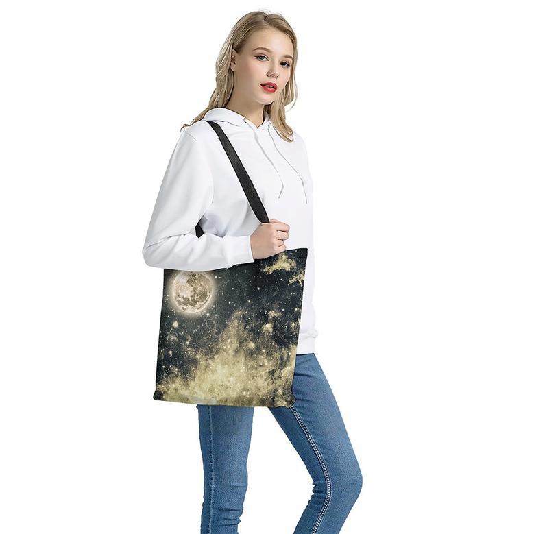 Full Moon And Night Stars Print Tote Bag