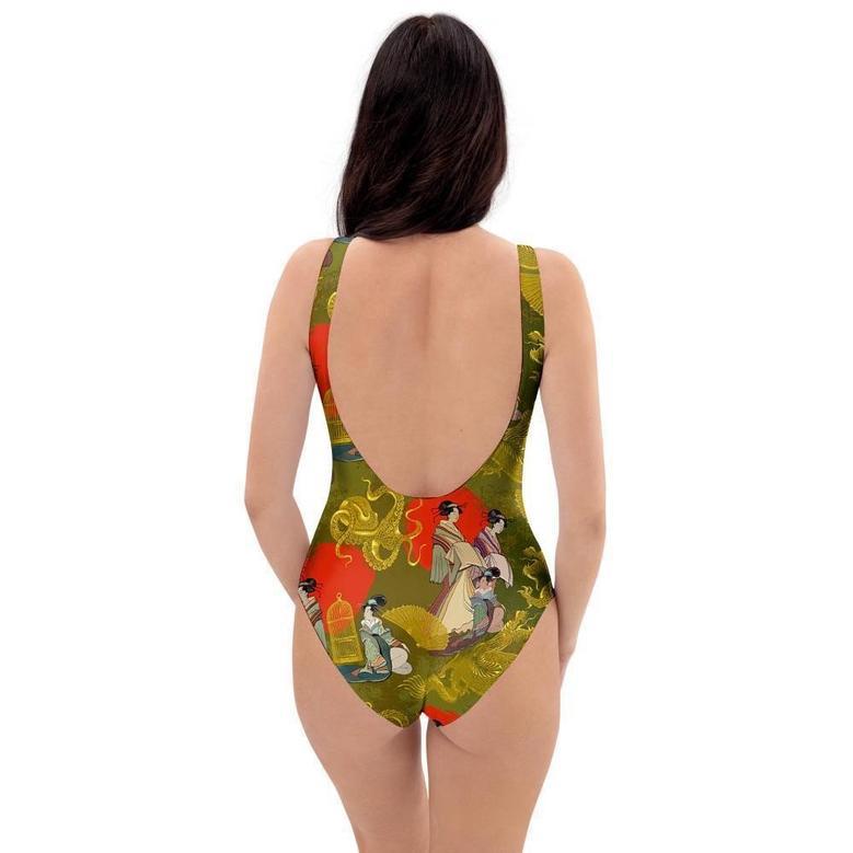 Geisha Japanese Dragon Print One Piece Swimsuite