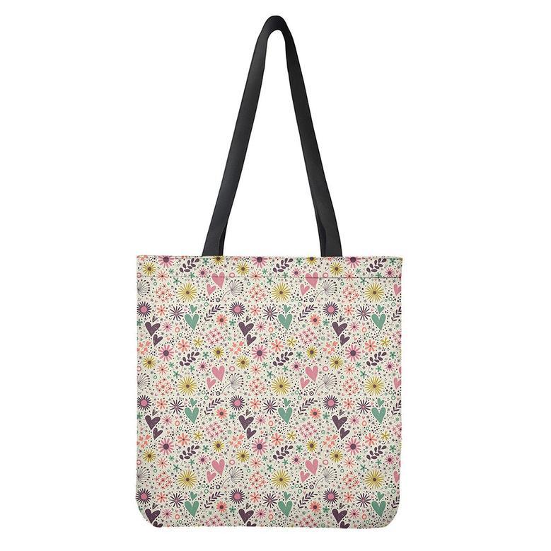 Girly Heart And Flower Pattern Print Tote Bag