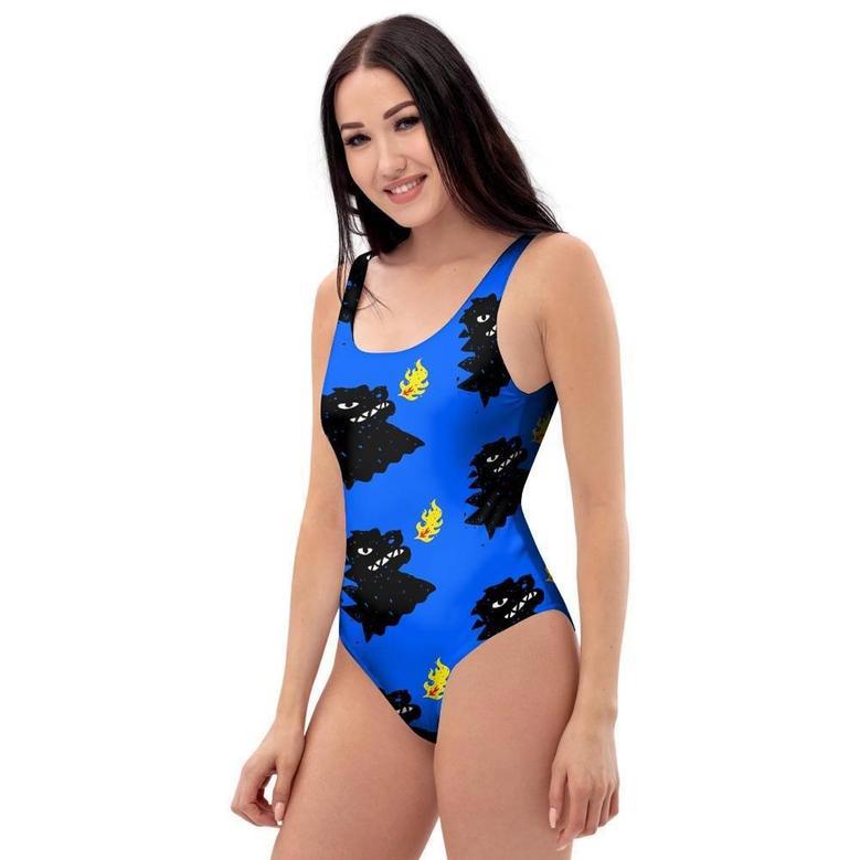 Godzilla Japanese Pattern Print One Piece Swimsuite