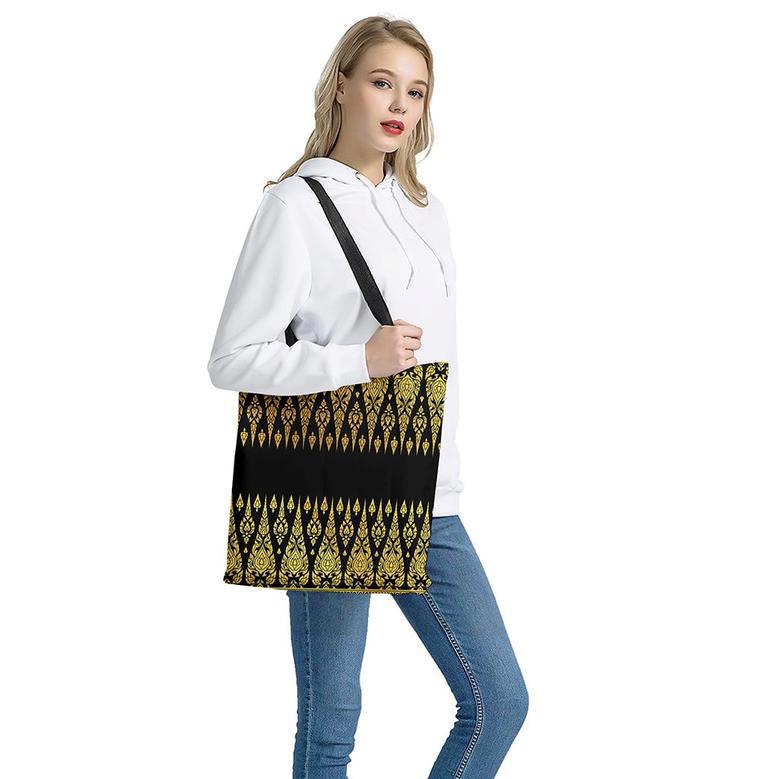 Gold And Black Thai Pattern Print Tote Bag