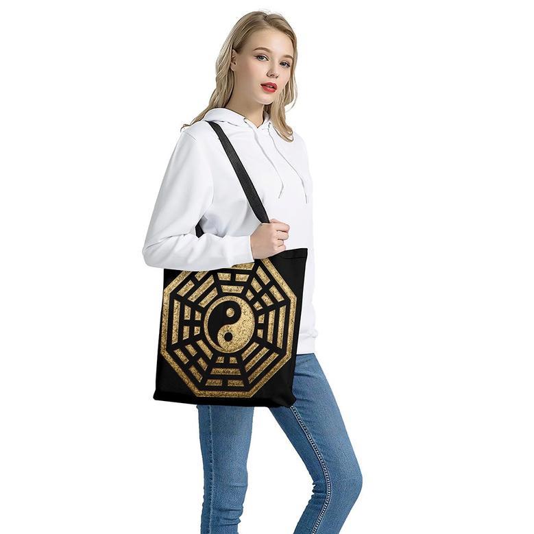 Gold Bagua Yin Yang Print Tote Bag