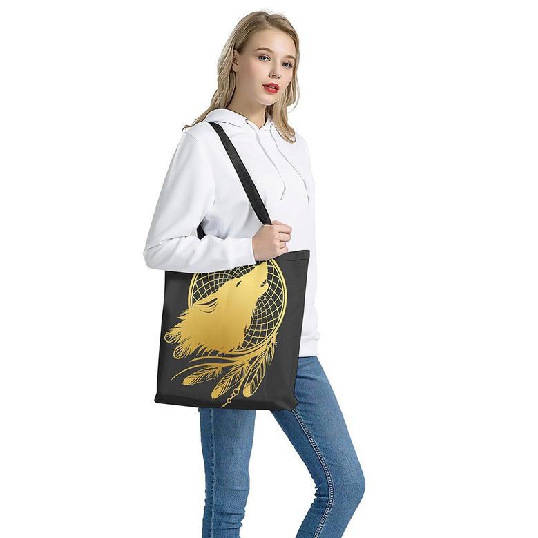 Golden Bohemian Howling Wolf Print Tote Bag