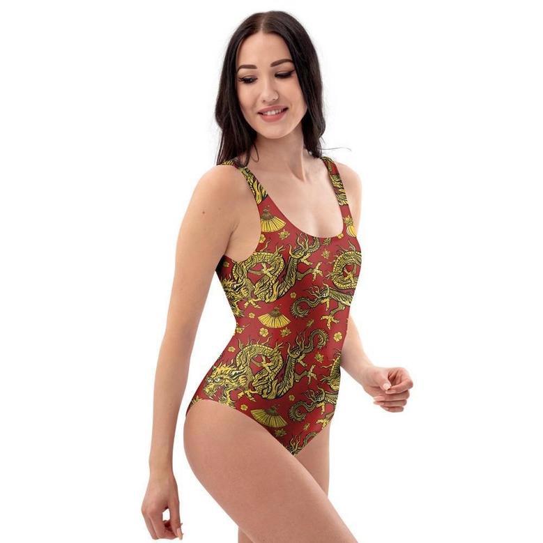 Golden Chinese Dragon Floral Print One Piece Swimsuite