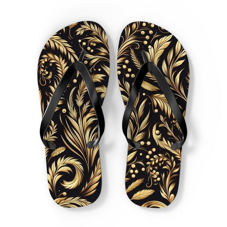 Golden Floral Flip-Flops.