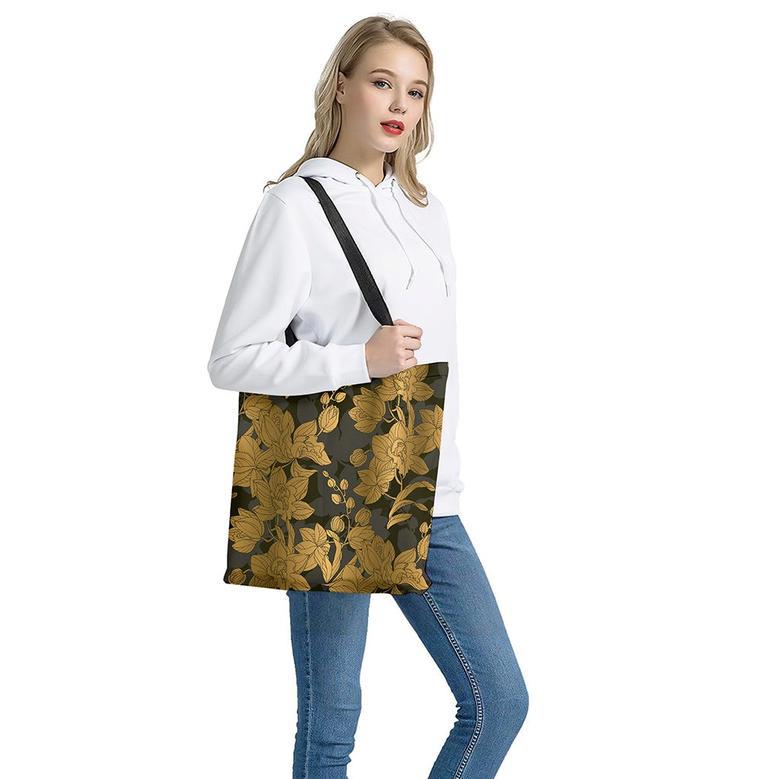 Golden Orchid Pattern Print Tote Bag