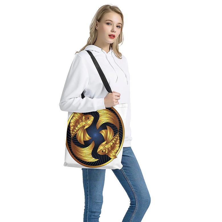 Golden Pisces Zodiac Sign Print Tote Bag