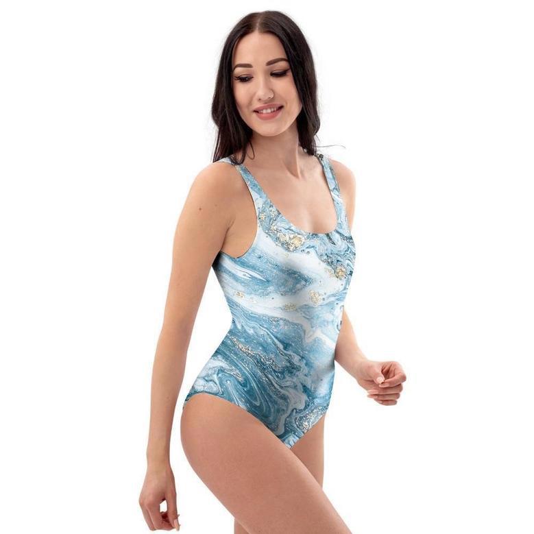 Golden Powder Blue Marble One Piece Swimsuite