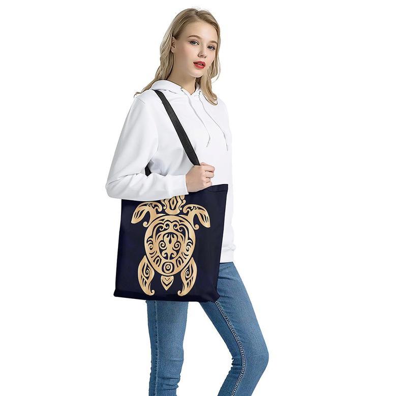 Golden Tribal Sea Turtle Print Tote Bag