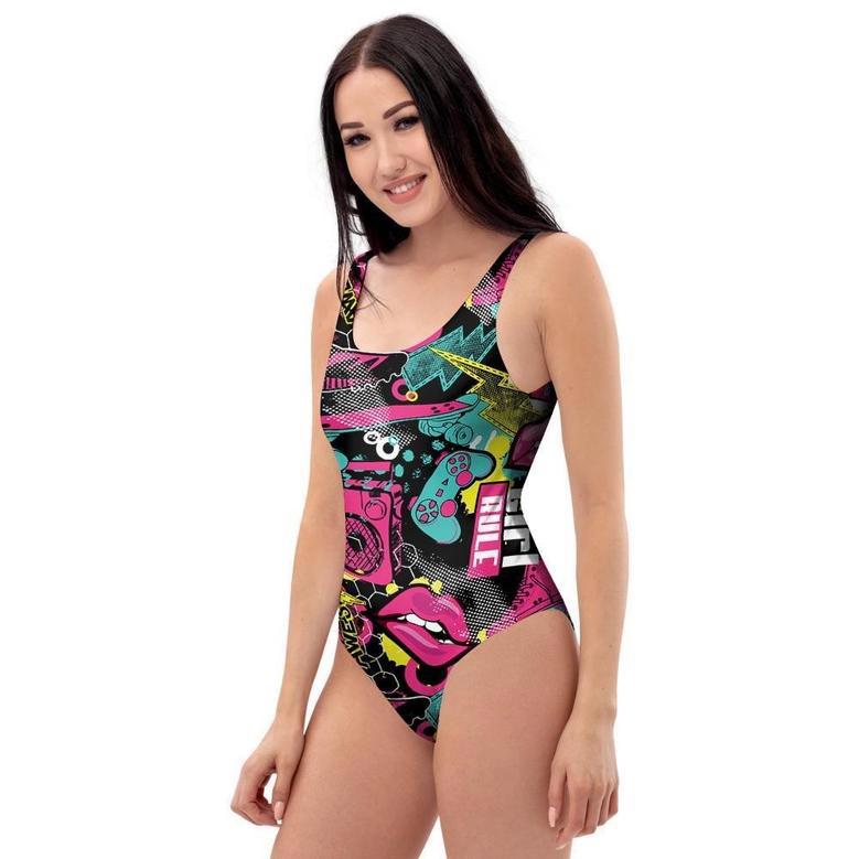 Graffiti Abstract Hiphop Lip One Piece Swimsuite