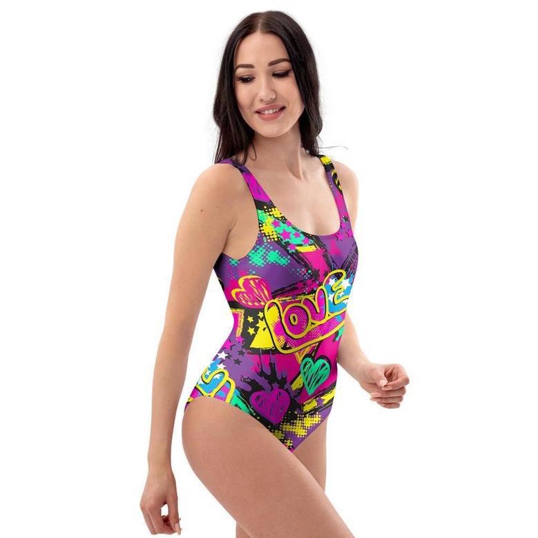 Graffiti Airbrush Love Print One Piece Swimsuite