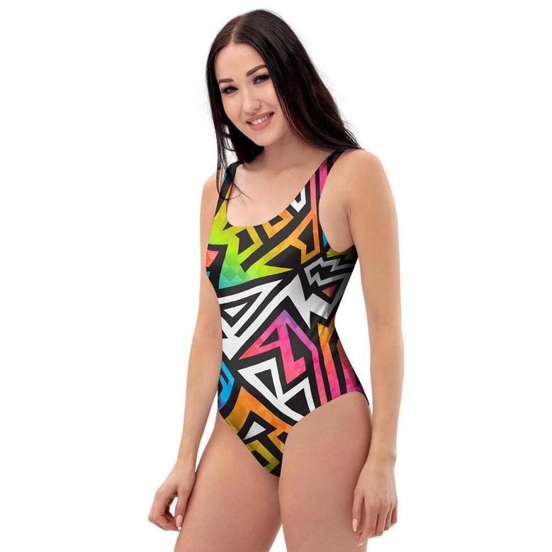 Graffiti Geometric Abstract One Piece Swimsuite