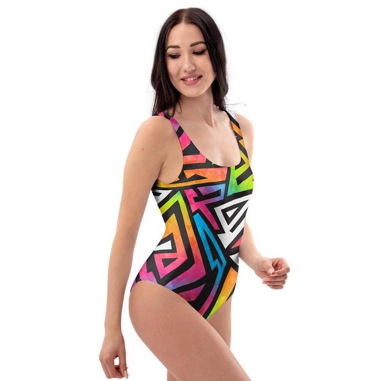 Graffiti Geometric Abstract One Piece Swimsuite