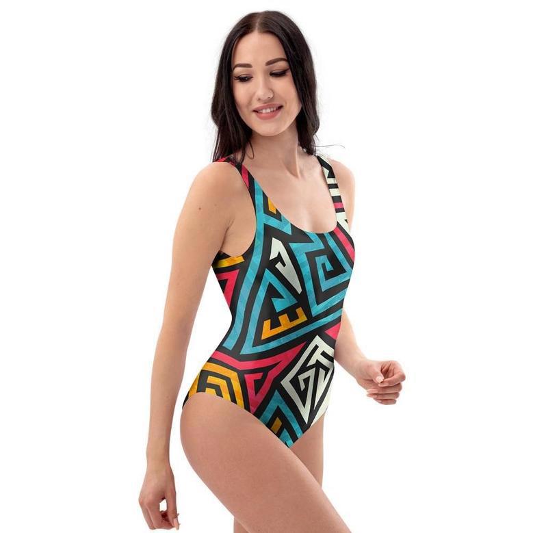 Graffiti Geometric Seamless Pattern One Piece Swimsuite