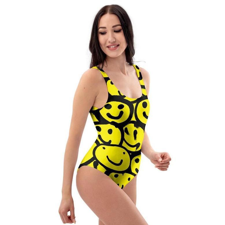 Graffiti Happy Emoji Print One Piece Swimsuite