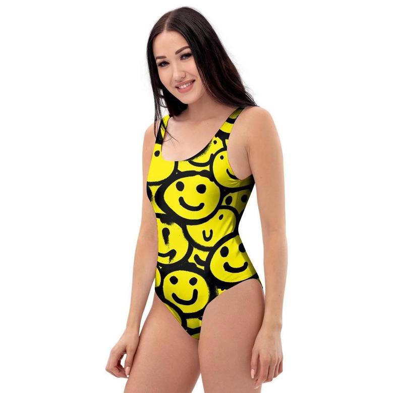 Graffiti Happy Emoji Print One Piece Swimsuite