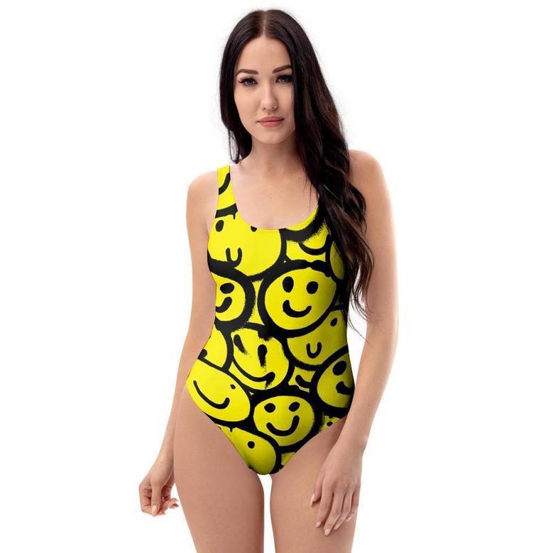 Graffiti Happy Emoji Print One Piece Swimsuite