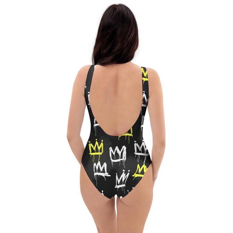 Graffiti Hiphop White And Yellow Crown Print One Piece Swimsuite