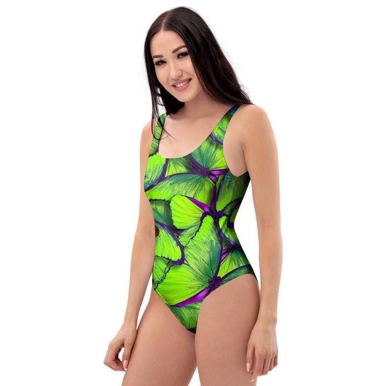 Green And Blue Butterfly Print One Piece Swimsuite