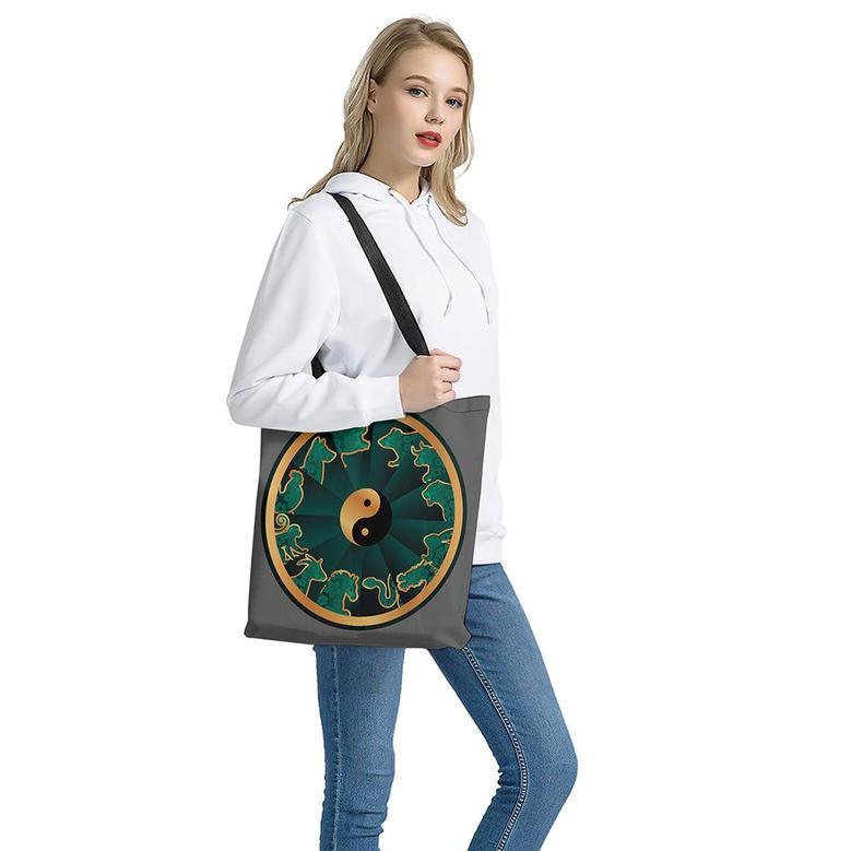 Green And Gold Chinese Zodiac Print Tote Bag