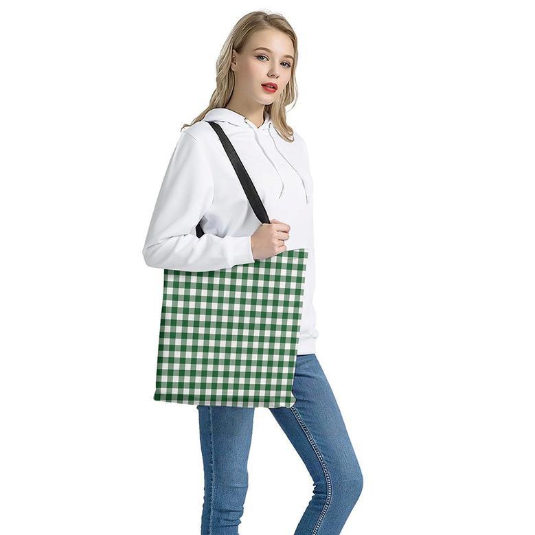 Green And White Buffalo Check Print Tote Bag