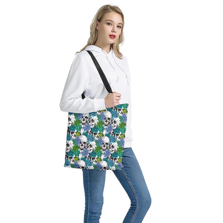 Green Blue Flowers Skull Pattern Print Tote Bag