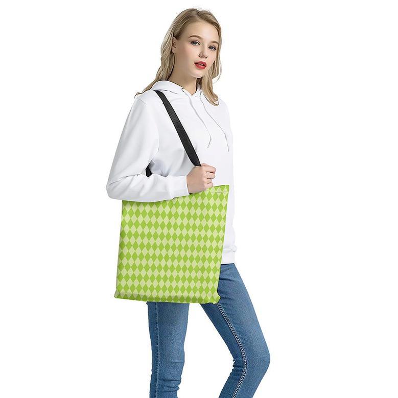 Green Harlequin Pattern Print Tote Bag