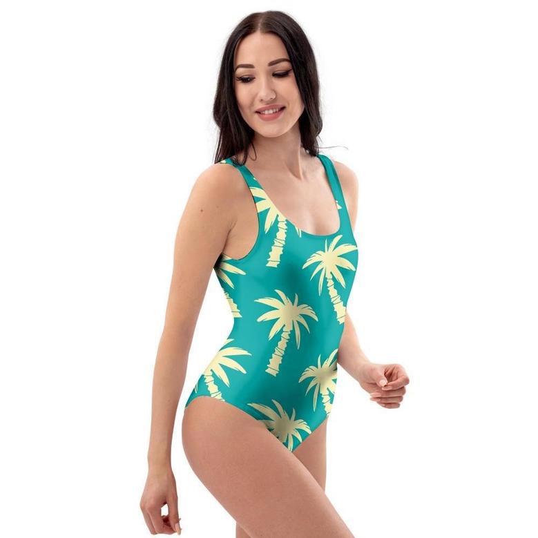 Green Palm Tree Hawaiin Print One Piece Swimsuite